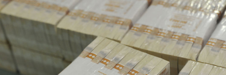 Кладовщик проверяет целостность упаковки и пересчитывает продукцию на фабрике ФГУП "Гознак" в Перми.